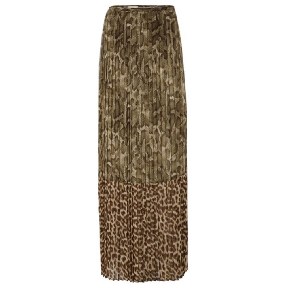 Pleated Two-Tone Animal Print Maxi Skirt - Brown/Olive